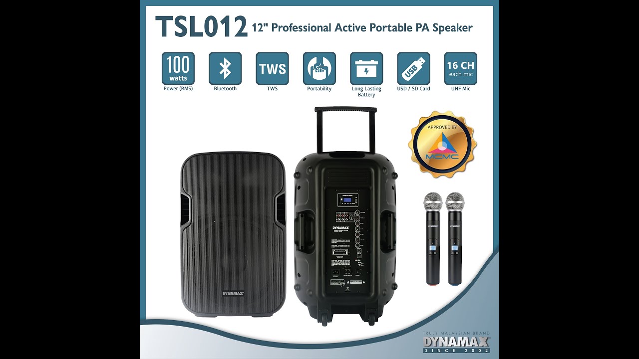 DYNAMAX TSL012 12'' 100W Bluetooth Portable PA Speaker