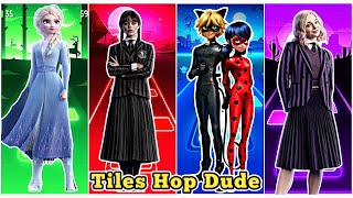 Elsa Frozen 🆚️ Wednesday Addams 🆚️ Miraculous Ladybug Cat Noir 🆚️ Enid Sinclair 🎶 Tiles Hop Edm Rush screenshot 4