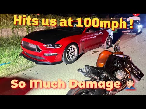 STREET BIKE HITS 2 Mustangs at 100+MPH !! (He Survived) so much damage, Insane footage