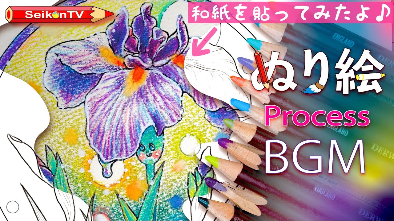 色鉛筆と和紙で彩る 花菖蒲 Japanese Iris オリジナル塗り絵メイキングbgm Coloring Book Asmr 4k Youtube