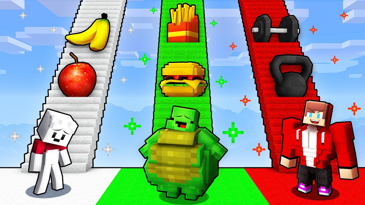 Mikey vs JJ vs Carrie FAT vs STRONG Stairs Battle (Maizen Minecraft)
