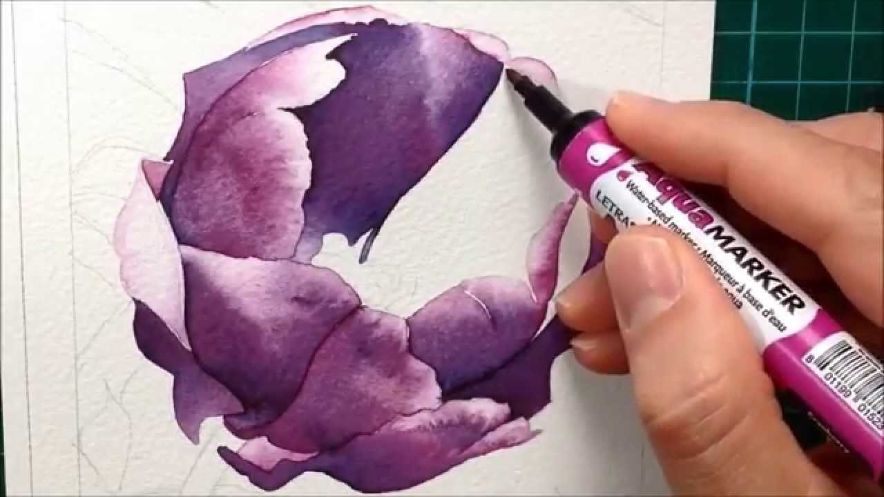 Painting a Purple Tulip with watercolour markers - Aquamarker tutorial 