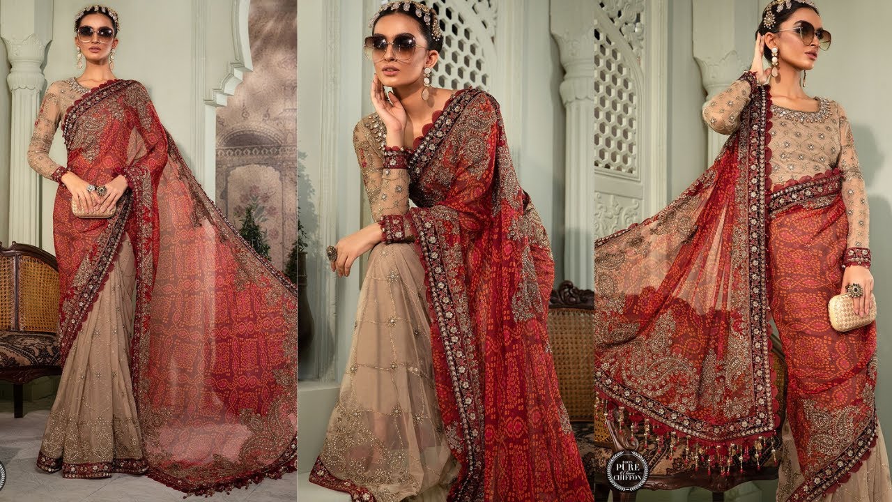 Buy Skin Gold & Maroon Chiffon Saree in Dubai Wedding Sarees Salwar