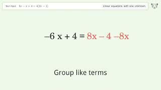 Linear equation with one unknown: Solve 3x-x+4=4(2x-1) step-by-step solution