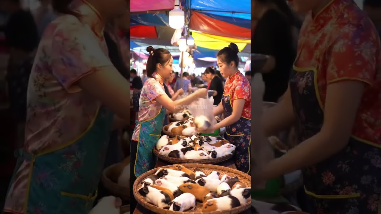 Beautiful Chinese Girls Selling Guinea Pigs at Traditional Market