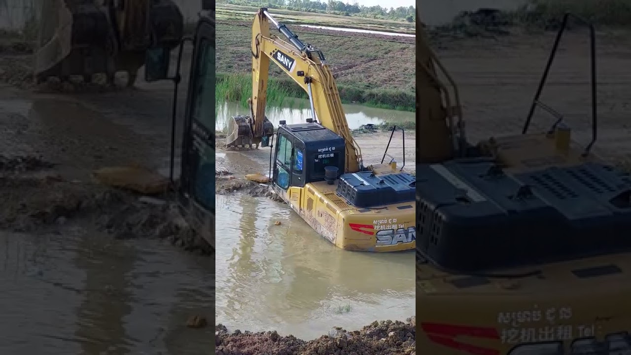 Machinery Excavator activity in the pond. 