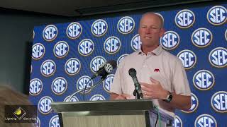 Alabama head coach Kalen DeBoer speaks at 2026 SEC spring meetings in Destin