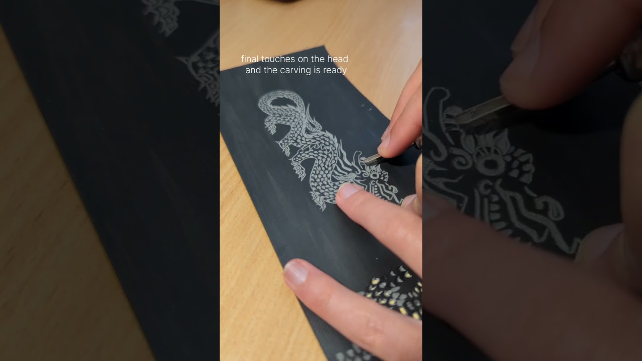 Linocut dragon process. From sketch to printing.