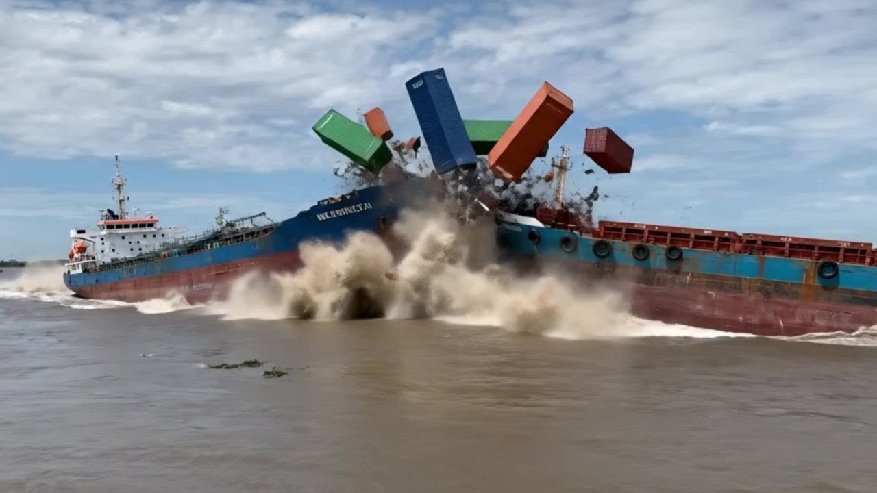 Two cargo ships collided while en route.#ship #container
