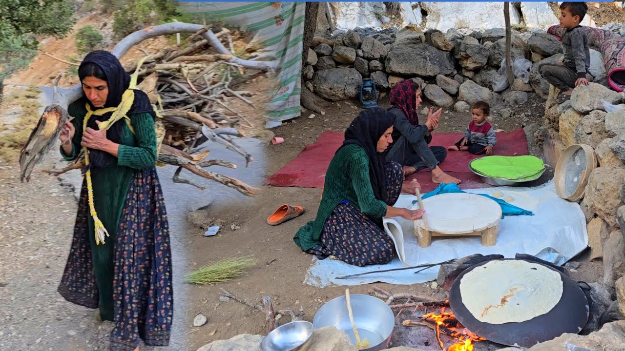 Daily life of Iranian nomads | Preparing firewood and baking local ...