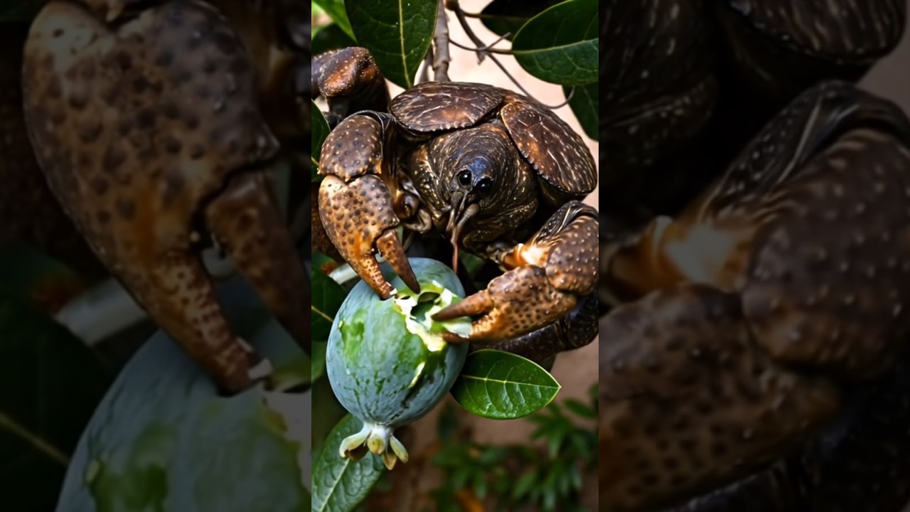 The cute baby coconut crab is trying to eat feijoa fruit 