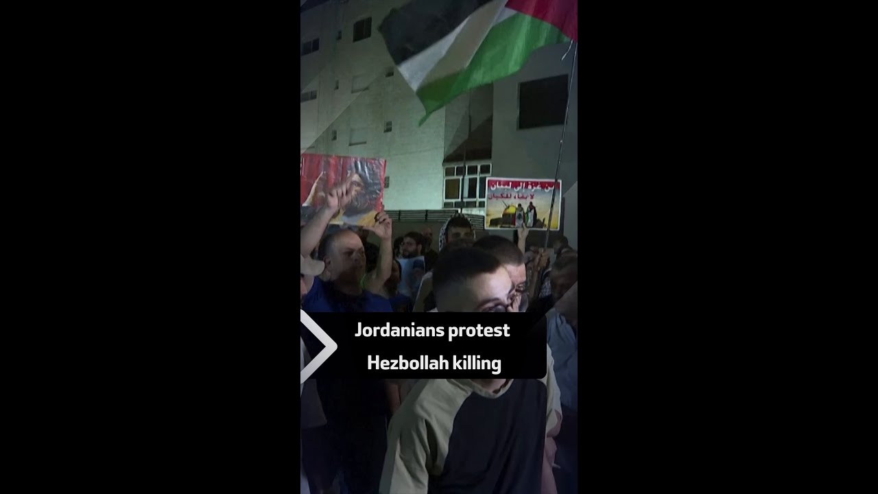 Jordanians protest near Amman's Israeli embassy against the killing of Hezbollah chief