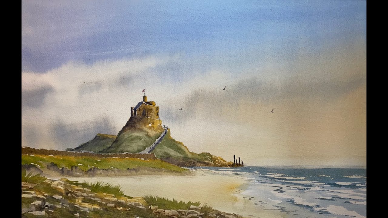 Lindisfarne Castle on Holy Island in Northumberland. Watercolour.
