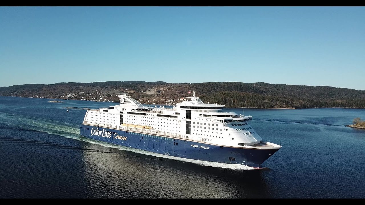 MS Color Fantasy passing Drøbak in the morning in drone view.