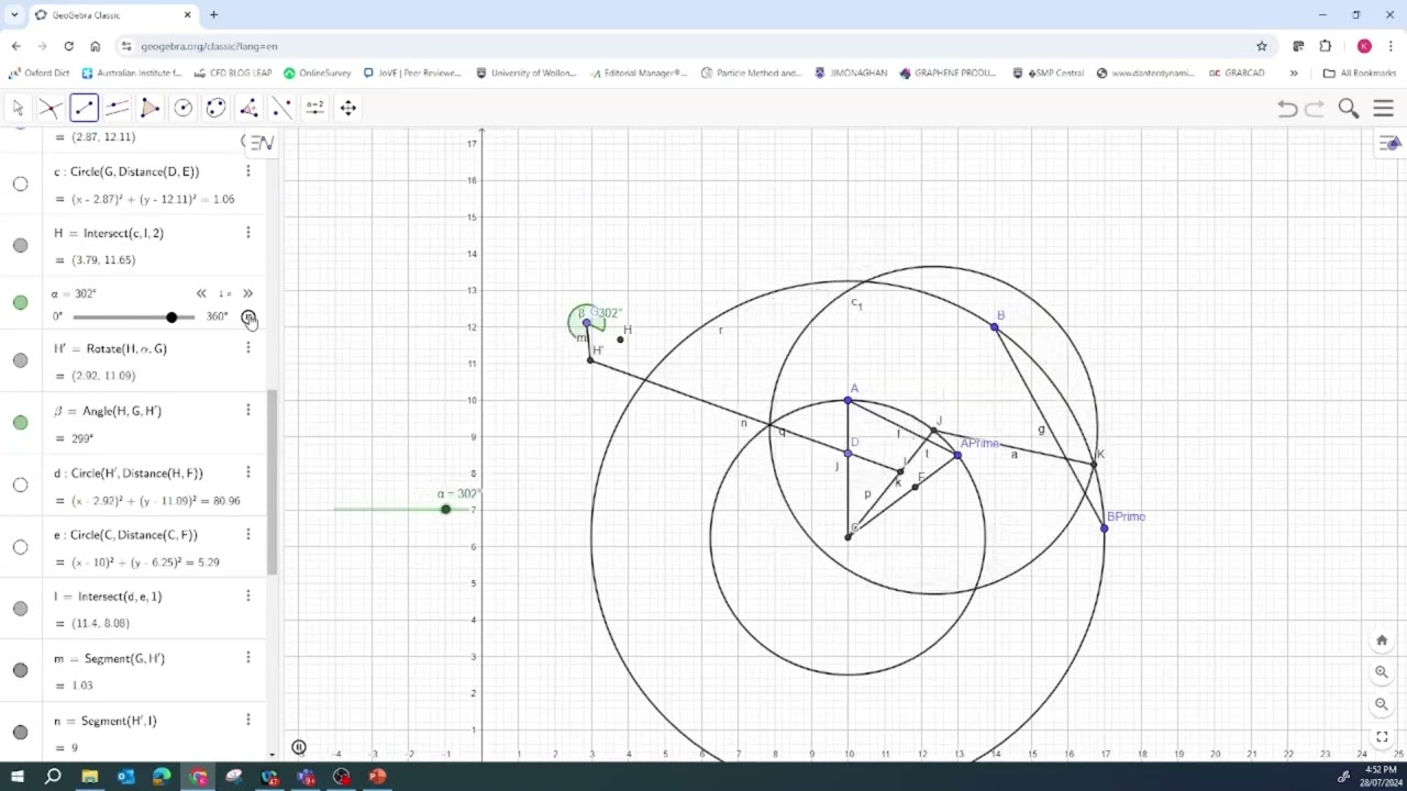 Construction of Link Through Two Positions Rocker Output - in GeoGebra & Graphical Manual Method