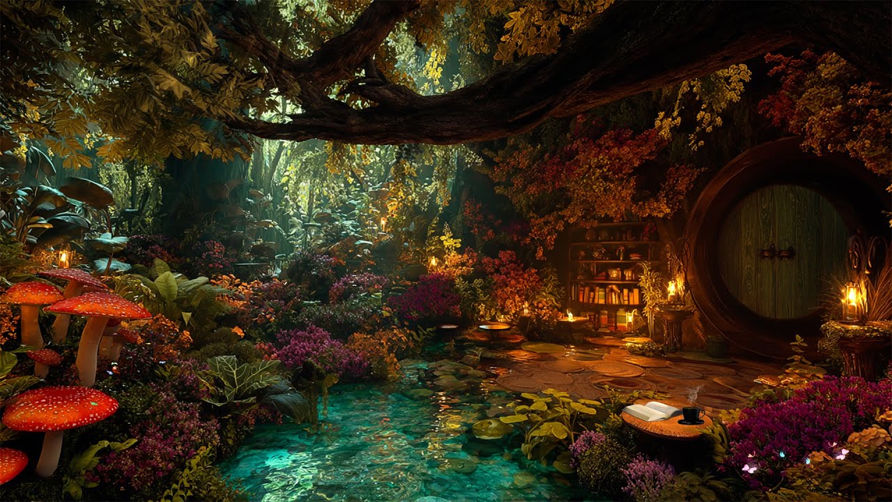 Relax an Enjoy w/ Cozy Whimsical Hobbit House in Secret Forest | Magical Flute Music & Soft Lake 🌿🌿