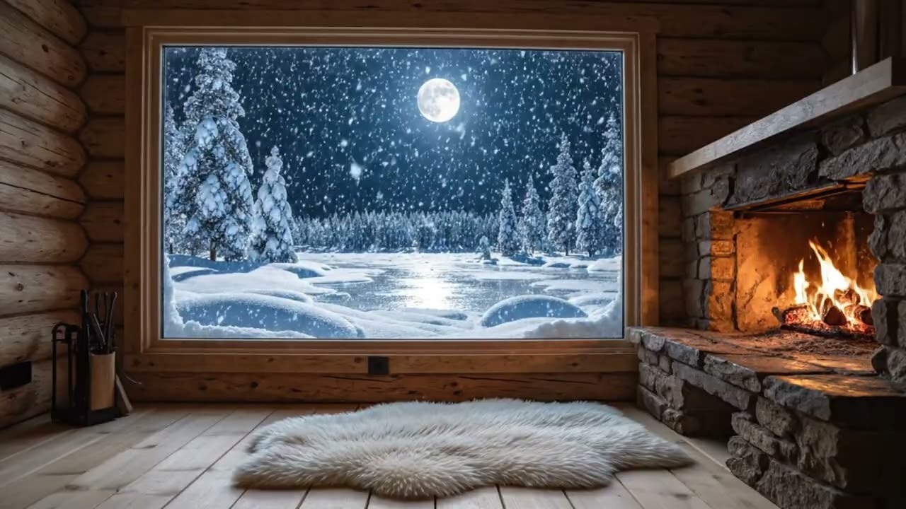 Fireplace Sounds on a Snowy Full Moon Night | Cozy Winter Ambience for Relaxation and Calm
