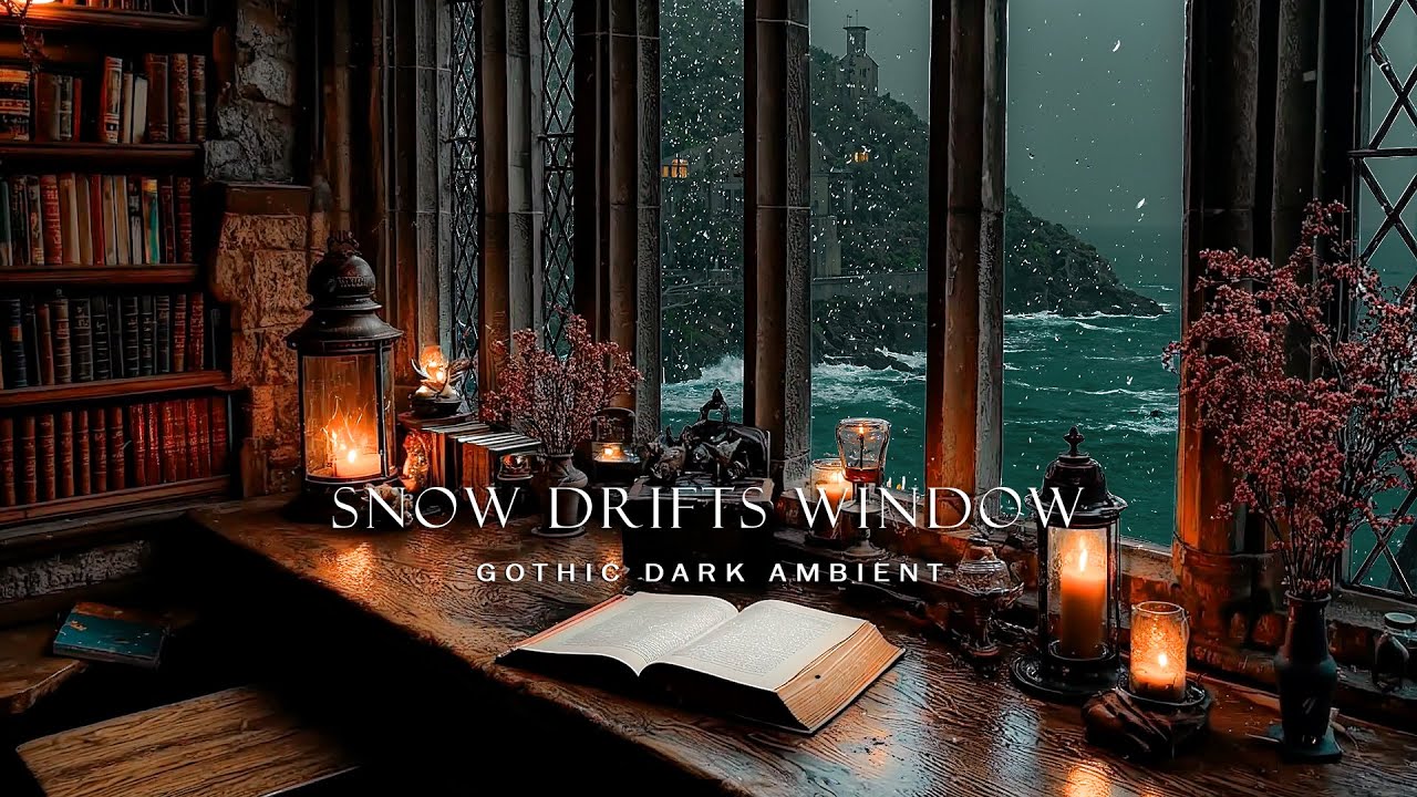 Studying by Candlelight as Snow Drifts Past a Window Overlooking the Sea | Dark Academia Piano