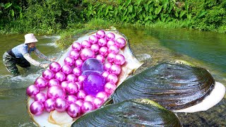 😱When I opened the giant clam, embedded with countless precious purple pearls, it looked so charming