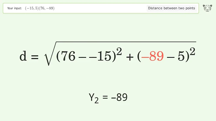 Find the distance between two points p1 (-15,5) and p2 (76,-89): Step-by-Step Video Solution