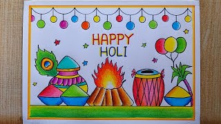 Holi drawing easy| Happy Holi poster drawing| Holi festival drawing| Holi special Card drawing screenshot 4
