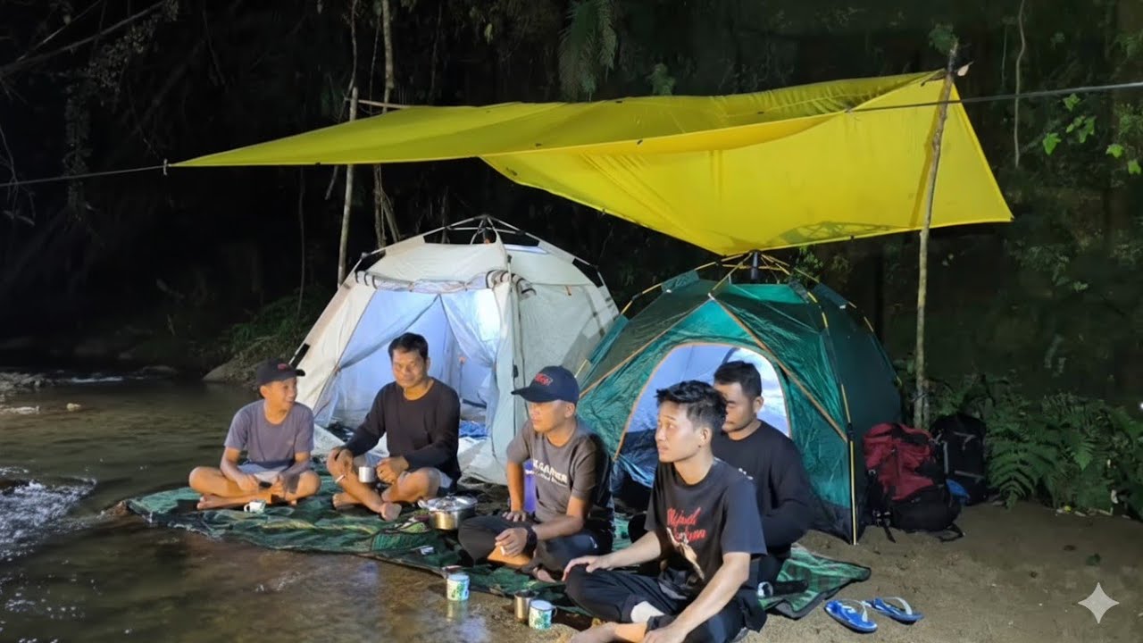 Seru!! camping hujan deras bermalam dipinggir sungai ramai ramai, nembak ikan dan berbuka puasa