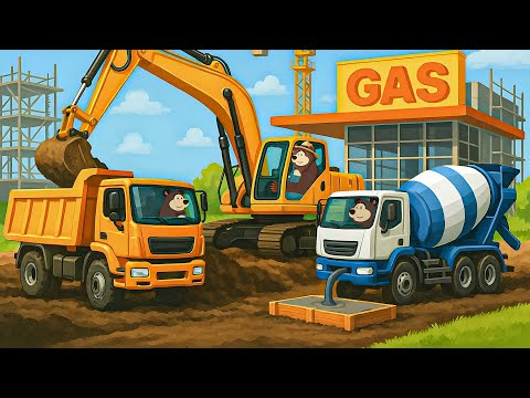 Building A Gas Station Excavator Dump Truck Concrete Mixer At Work Construction Vehicles