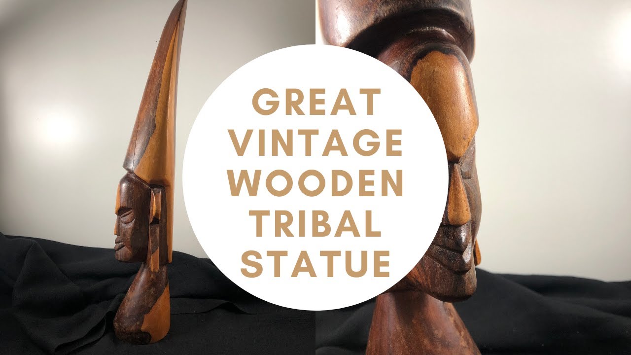 Great Vintage Wooden Tribal Face, Handmade carved Wood Statue Sculpture 15 inch Tall FOR SALE