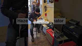 Erik and the new Beetronics Hazee Delay Pollinator at Vig Guitars