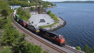 Awesome Aerial 4K View!  Stack Train CN 120 passing Birch Cove, NS near Halifax Pace Yard