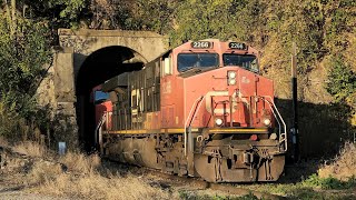 Chasing M338 w/two IC Deathstars on CN Dubuque Sub + CN U704, & a barge going up the Mississippi 
