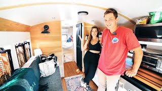 Couples DIY Off Grid Mini School Bus Conversion - Toilet, Shower \& AC In 100 SqFt