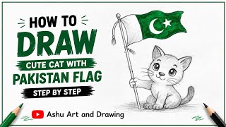 14 August Special Drawing Tutorial | Cute Cat Drawing | Pakistan Independence Day | Pakistani Flag 