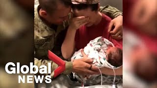 Viral video shows wife's surprise as soldier husband returns for birth of twins