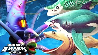 Hungry Shark World - All XXL Sharks vs Colossal Squid BOSS (Great White, Basking, Whale)
