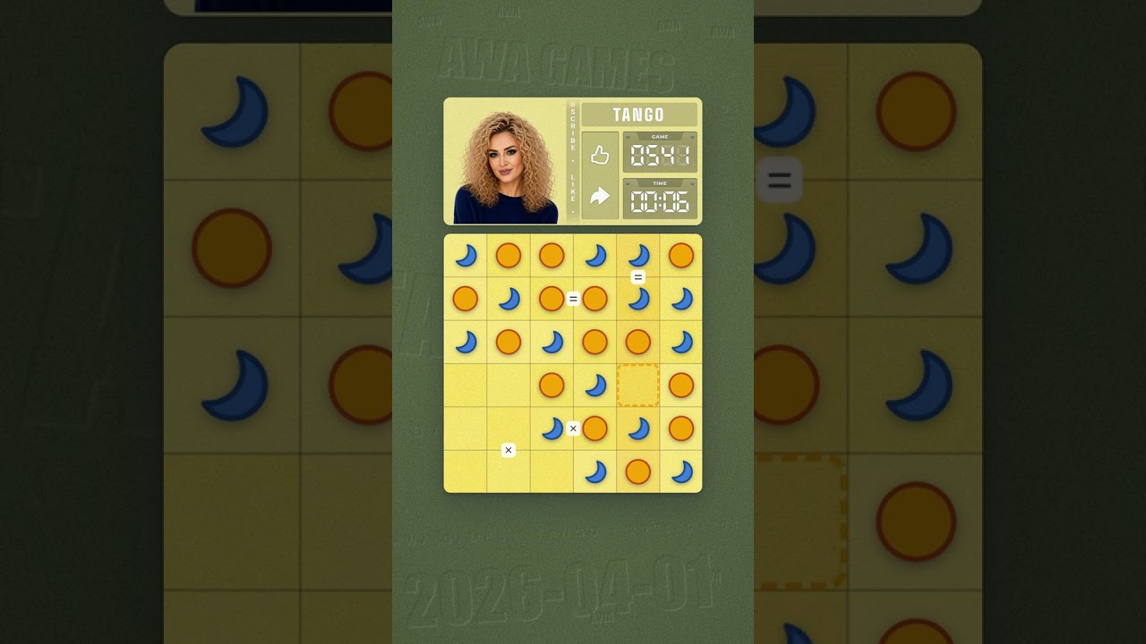 LinkedIn Tango #541 solved board for April 1, 2026, 6x6 grid