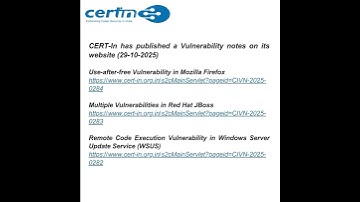 CERT-In has published a Vulnerability notes on its website (29-10-2025)