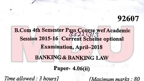 B.com 4th Semester Pass Caurse Banking & Banking Law Question Paper Mdu Apirl 2018 | Separate Video