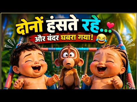 😂 बंदर ने कर दिया ऐसा कमाल, दोनों बच्चे हँसते-हँसते हुए बेहाल! 🐒🤣 | Funny Baby Cartoon