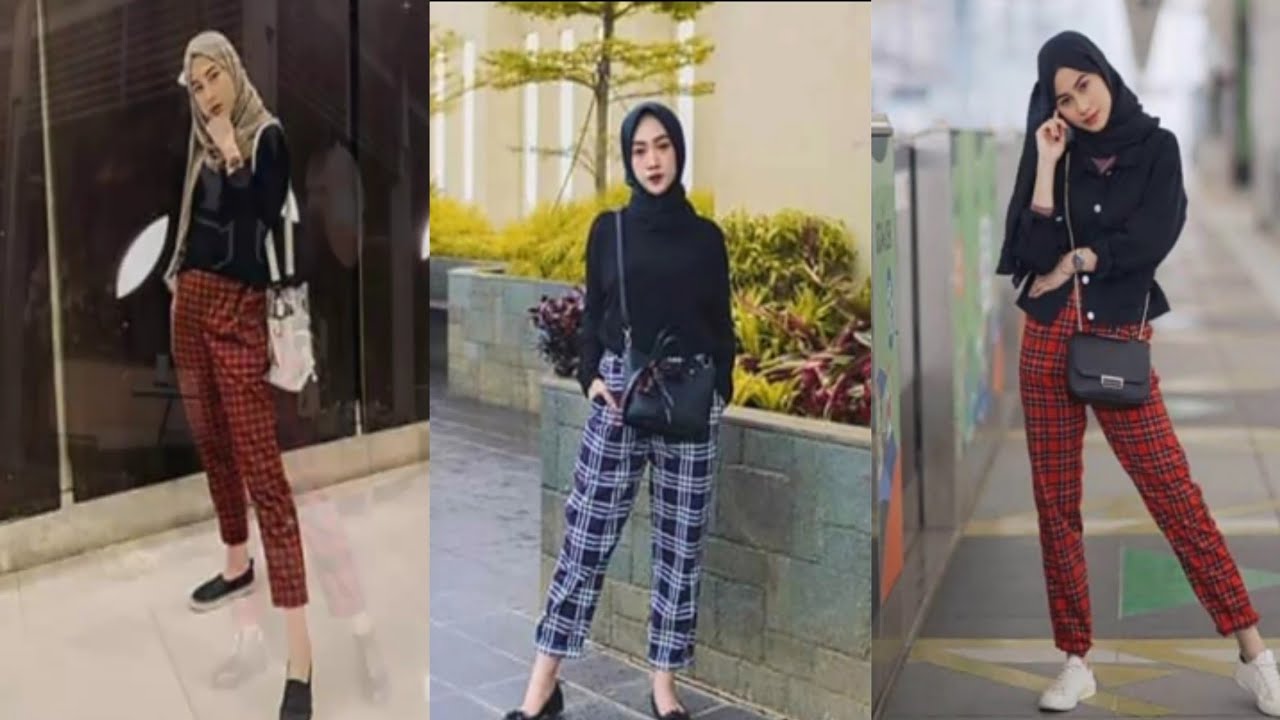 style celana  kotak  kotak  wanita  hijab YouTube