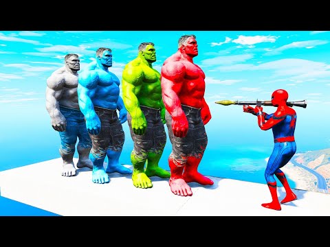 GTA 5 Water Ragdolls Spiderman vs Red Hulk vs Blue Hulk vs Green Hulk Jumps Fails #1 (Funny Moments)