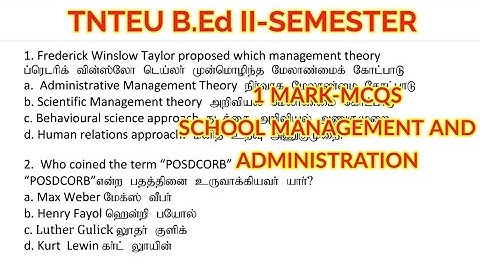 TNTEU B.Ed II-SEMESTER: 1 MARK MCQS SCHOOL MANAGEMENT AND ADMINISTRATION IMPORTANT