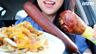 ASMR (Whisper) - Cheesy Bacon Curly Fries, Jumbo Corndog, Giant Turkey Leg | Car Mukbang 먹방