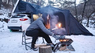 Frozen mountain. Solo car camping in the snow / -8℃ winter night / Comport car tent setup