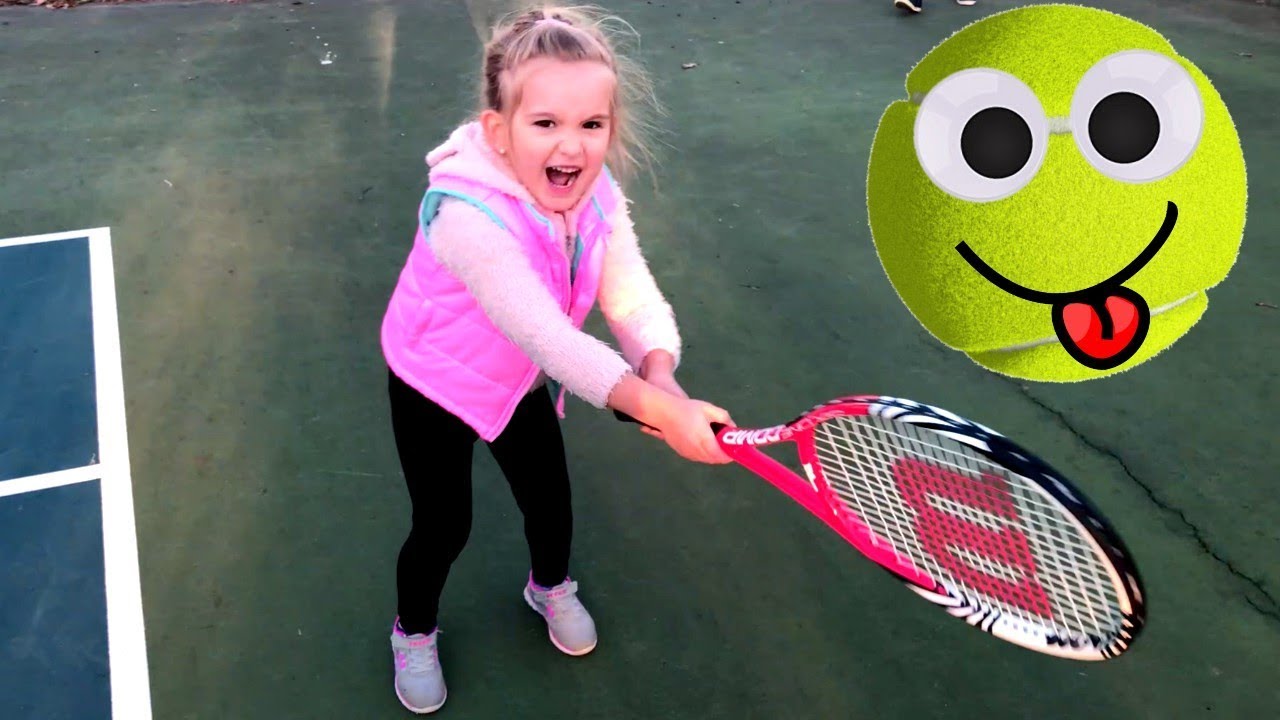 Kid play Tennis a first time, real fun practice, video for kids