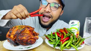 EATING SPICY FULL GRILLED CHICKEN WITH VERY SPICY GREEN CHILLI, GRILL CHICKEN EATING