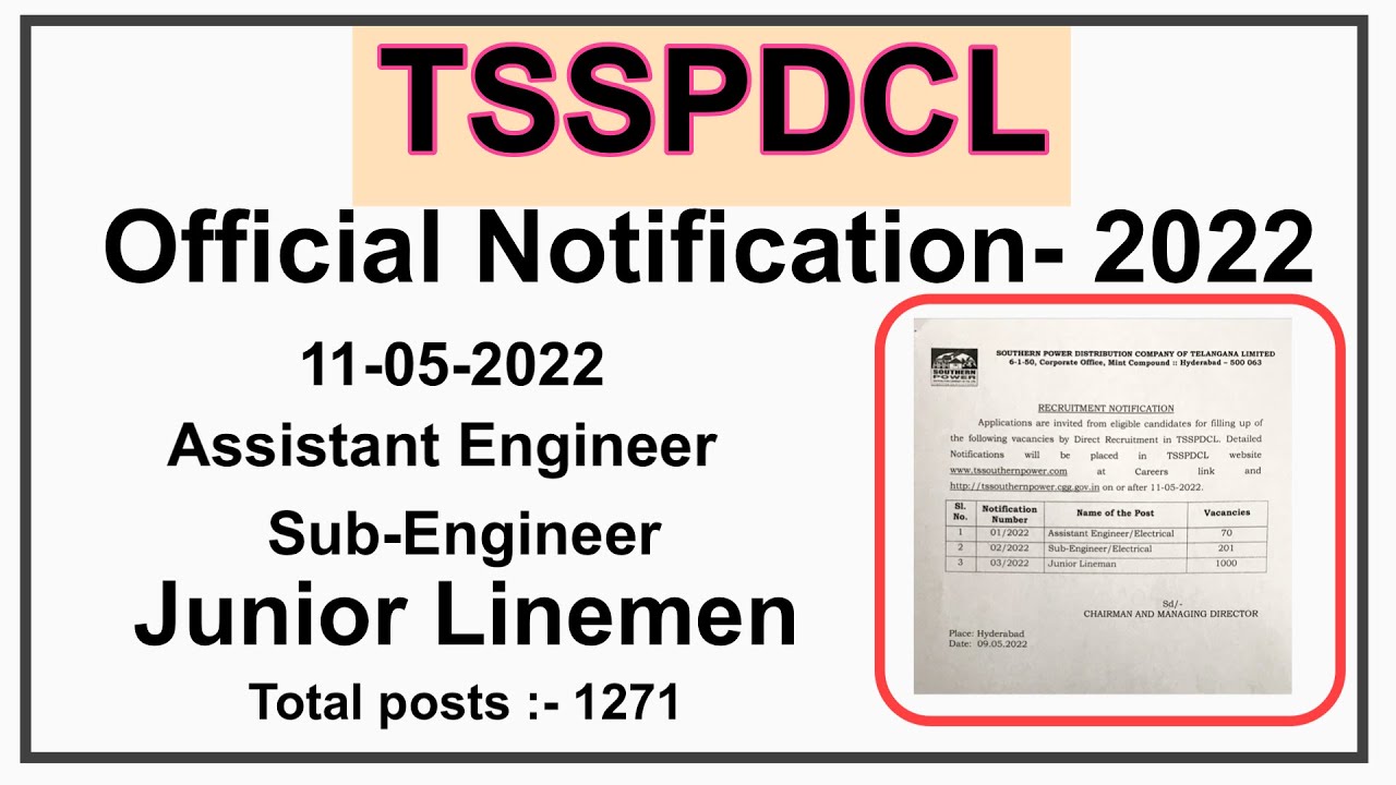 TSSPDCL notification-2022 || Junior Lineman, Sub-Engineer, Assistant Engineer ||