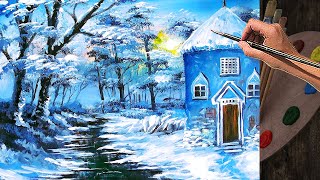 Hidden House in the Woods | Frozen Landscape during Winter Snow | Acrylic Painting Tutorial