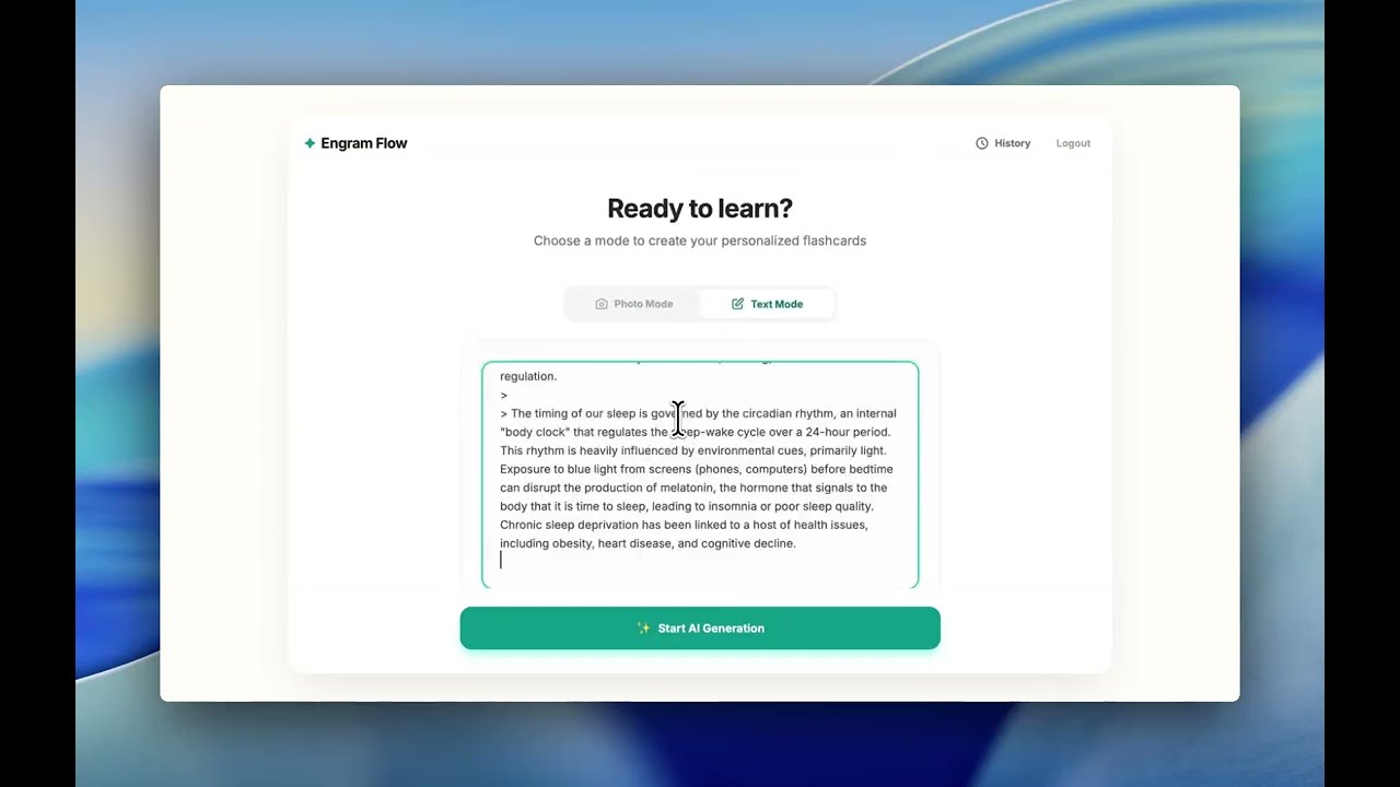 Engram Flow Demo: AI-Powered Flashcard Generator (Multimodal Learning)