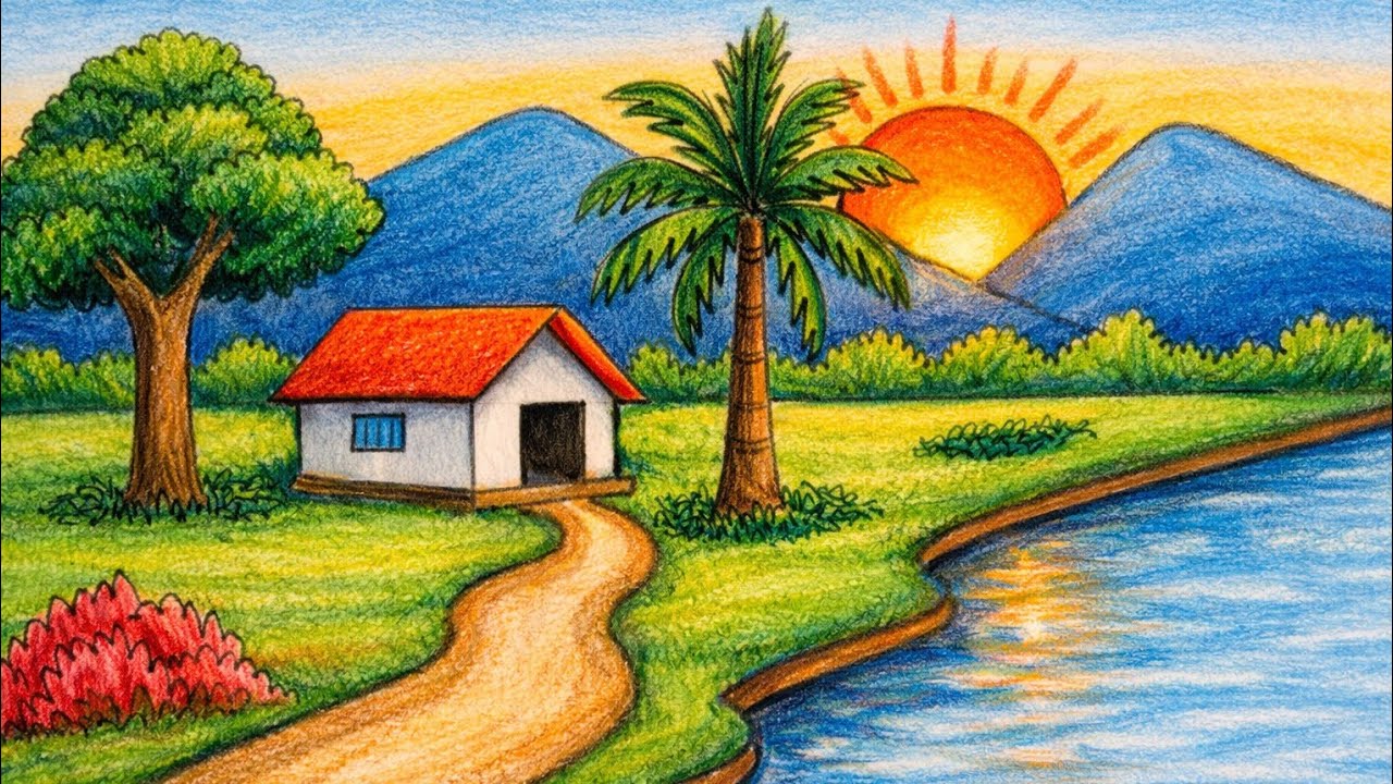 How to draw a beautiful village scenery || easy drawing || circle ...